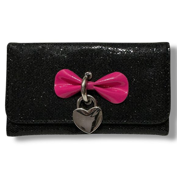 Claire's Black Sequin Wallet with Pink Bow and Heart Locket - Picture 1 of 6